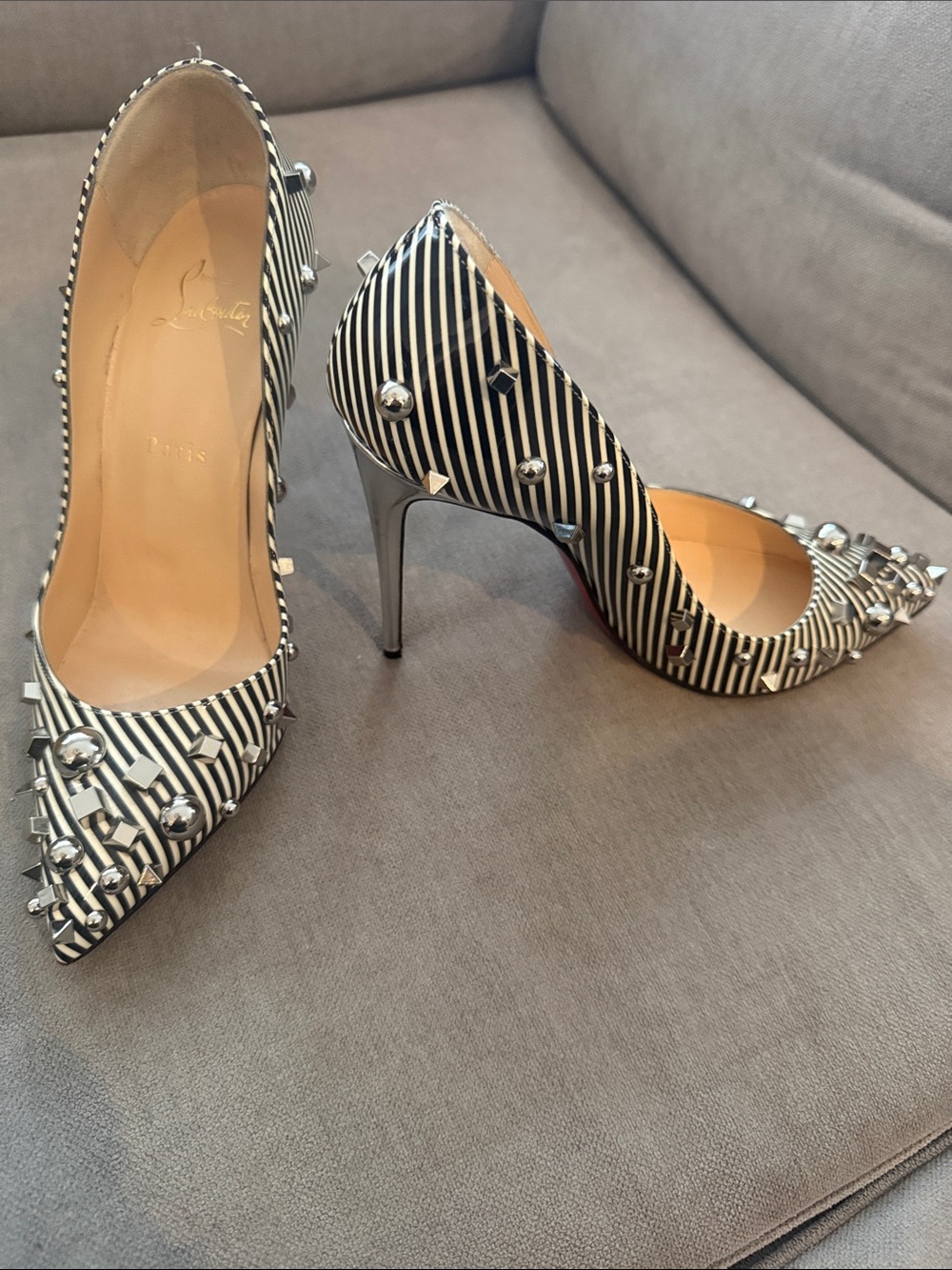 Christian Louboutin Black & White Striped Studded Pigalle Pumps - Picture 6 of 6